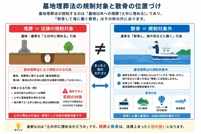 墓地埋葬法の規制対象と散骨の位置づけ図解
